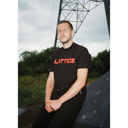 Red Lattice Screen print on black waffle t-shirt, image of model