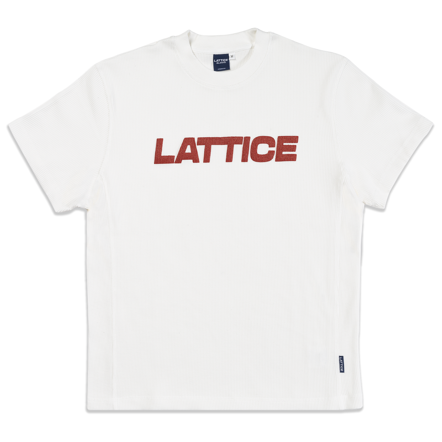 Red Lattice graphic on white waffle t-shirt, front