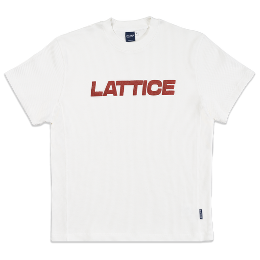 Red Lattice graphic on white waffle t-shirt, front