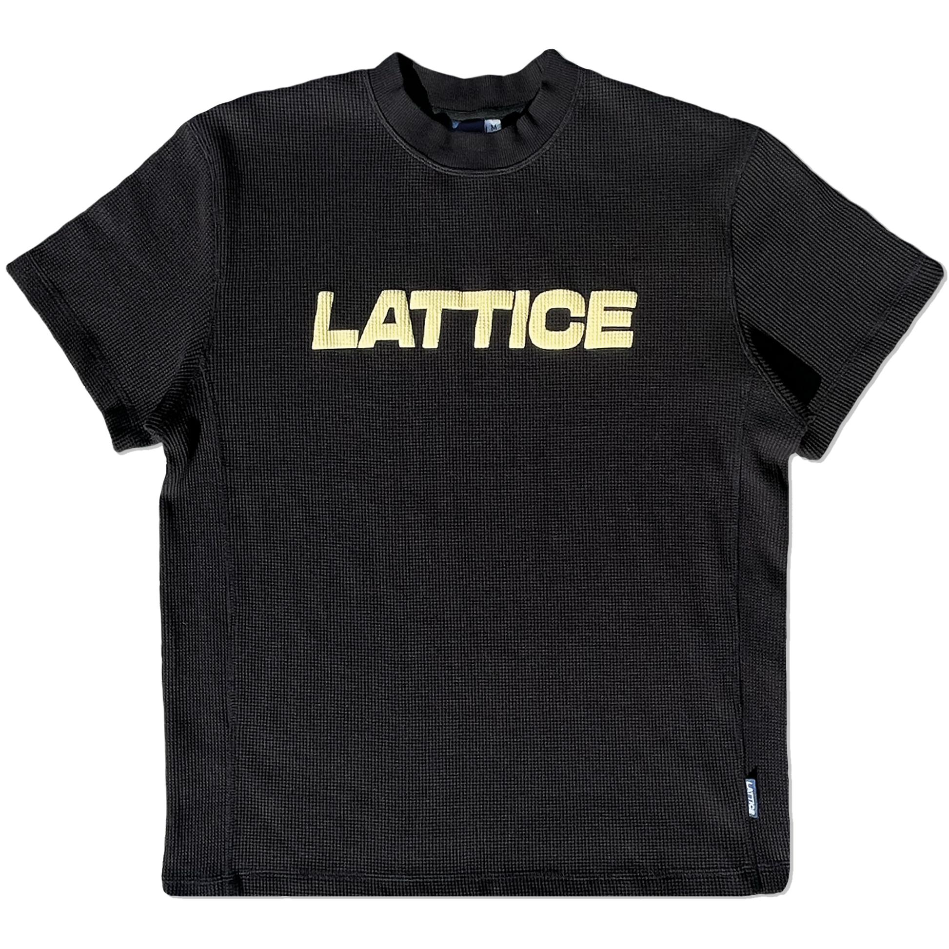 black waffle thermal t-shirt, cream lattice graphic, front