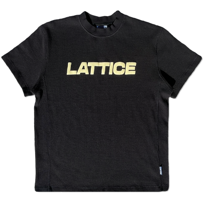 black waffle thermal t-shirt, cream lattice graphic, front